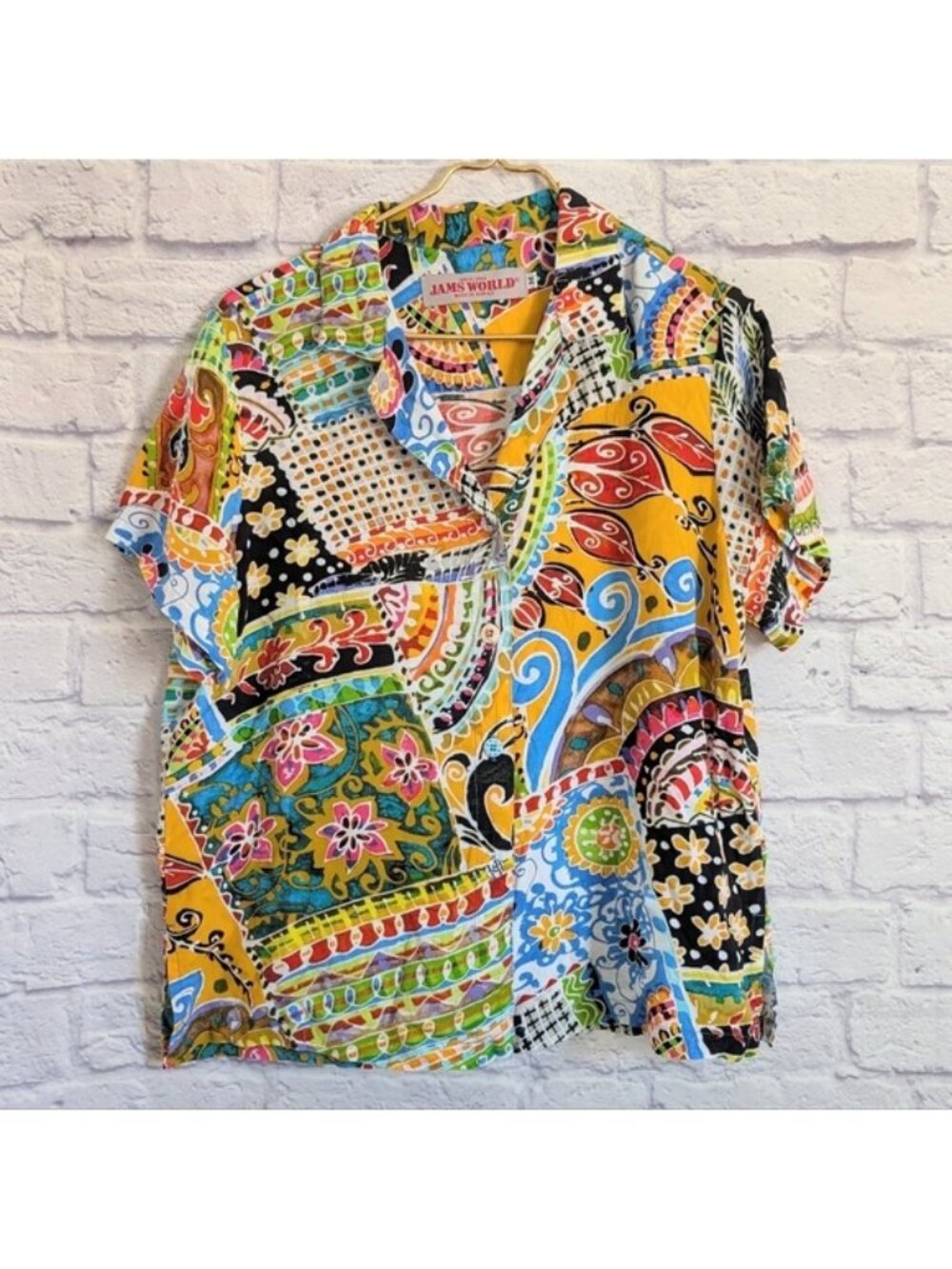 Jams World Button Down Short Sleeve Shirt M Boho Patch Floral Tropical Hawaiian